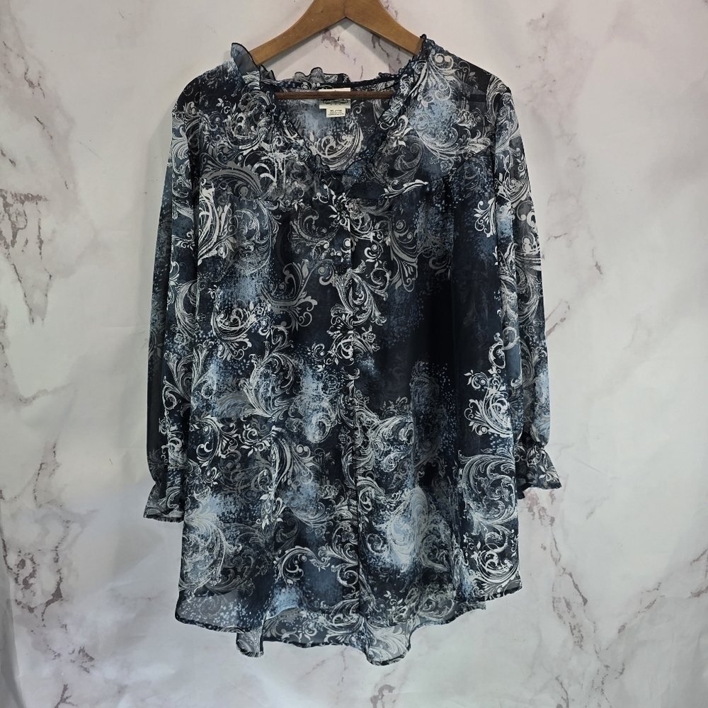 Ariat Shirt Womens XL Gray Black Blouse Sheer Long Sleeve Ruffle V Neck